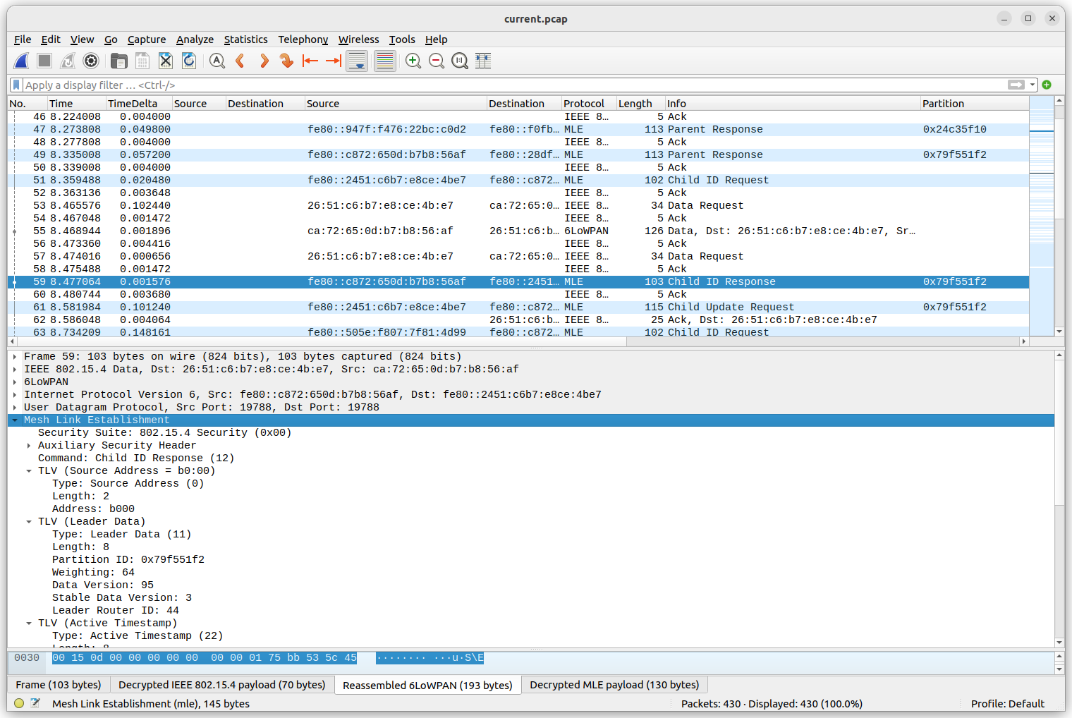 Скриншот анализа пакетов OpenThread в Wireshark